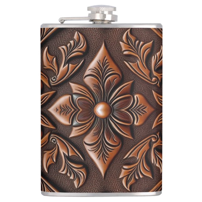 Faux Tooled Leather Design Hip Flask (Front)