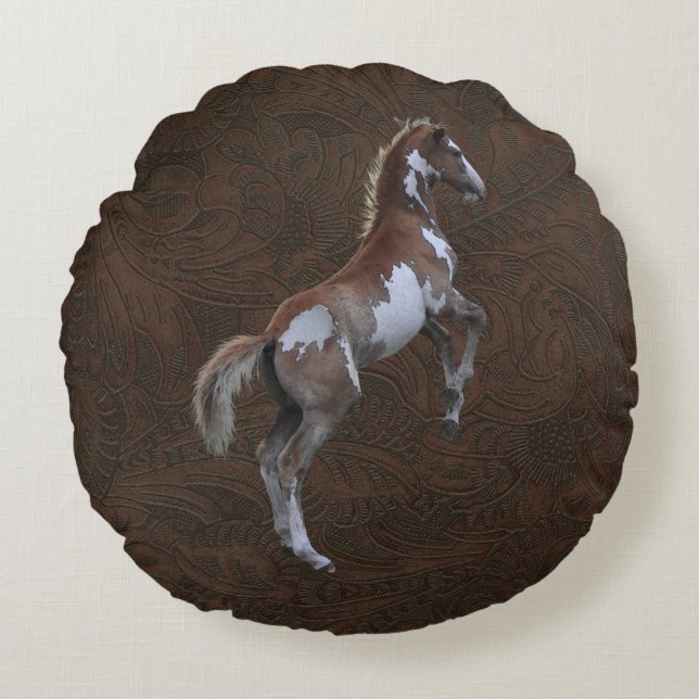 Faux Tooled-Leather & Indian Paint Pinto Colt Round Cushion (Front)