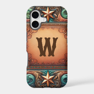 Faux Tooled Leather Turquoise Brown Custom Initial