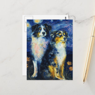 Faux Van Gogh Two Austrailian Shepherds Postcard