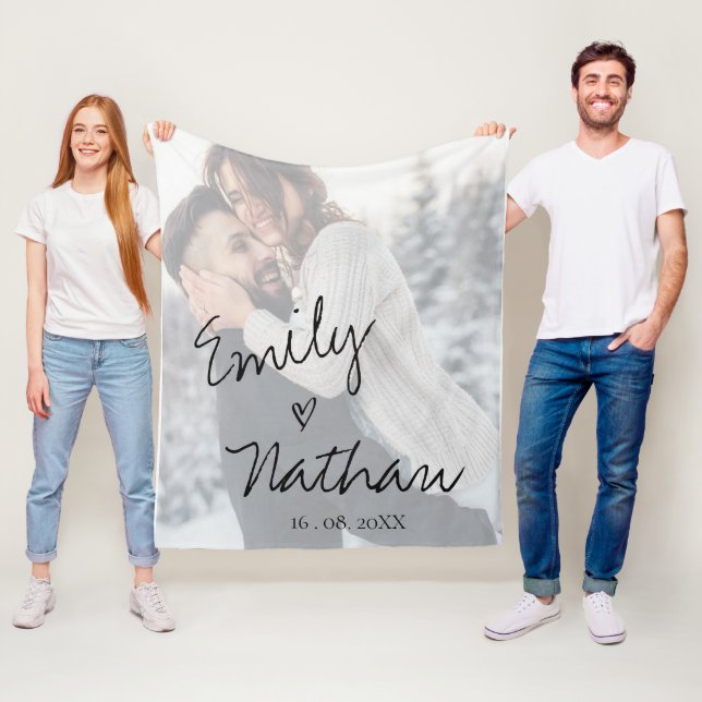 Faux Vellum Effect Photo Wedding Date Custom Fleece Blanket (In Situ)
