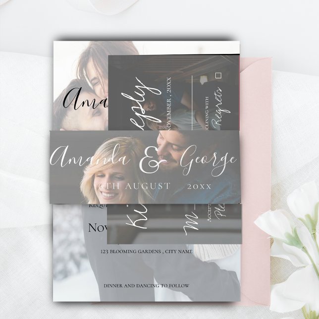Faux Vellum Photo Elegant Script Wedding Invitation Belly Band (Faux Vellum Photo Elegant Script Wedding Invitation Belly Band)