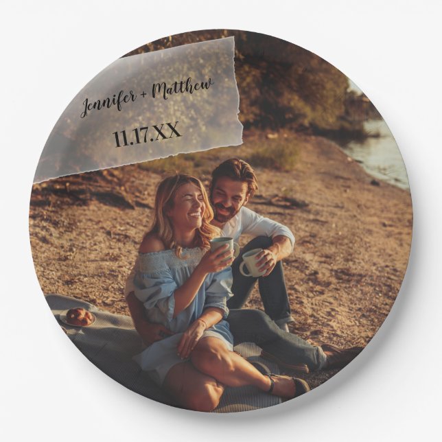 Faux Vellum Photo Overlay Custom Wedding Paper Plate (Front)