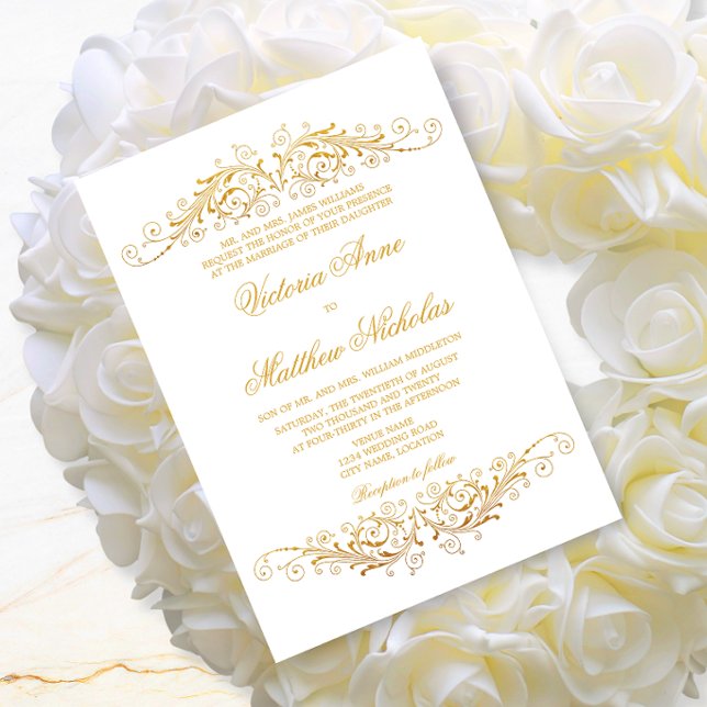 Faux Vintage Gold Foil Flourish Damask Invitation (Creator Uploaded)