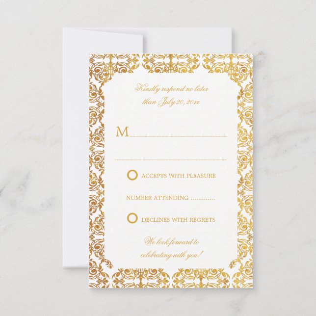 Faux Vintage Gold Foil Flourish Damask RSVP Invitation (Back)