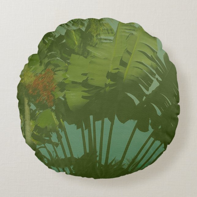 Faux Vintage Tropical Fabric Round Cushion (Front)