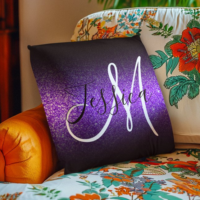 Faux Violet Glitter Black Ombre Monogram Cushion (Faux Violet Glitter Black Ombre Monogram Throw Pillow)