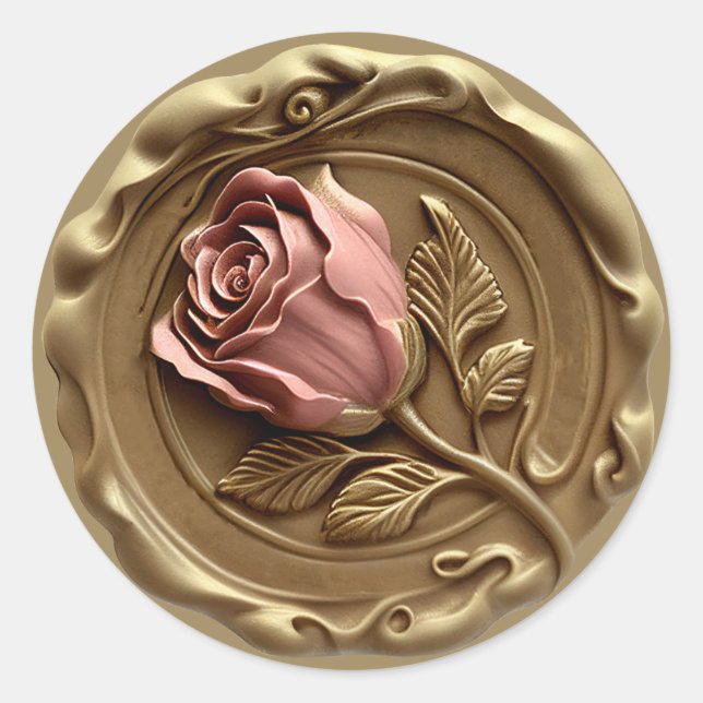 Faux Wax Stamp Envelope Seal Gold Pink Rose Flower (Front)