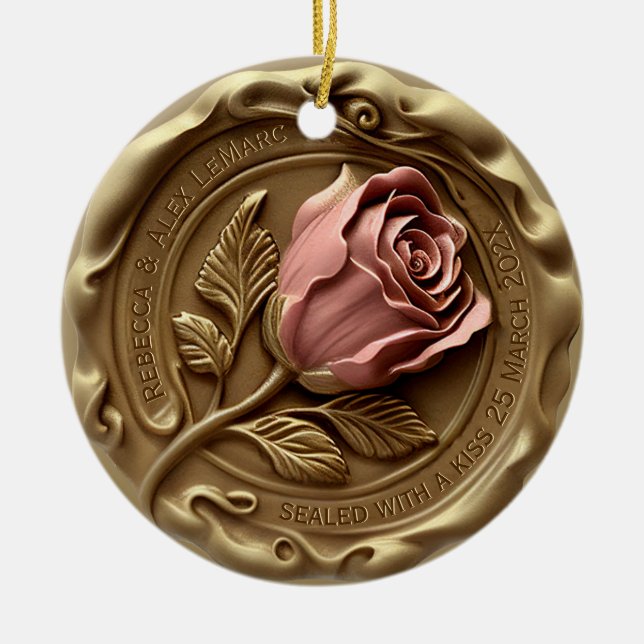 Faux Wax Stamp Gold Pink Rose Flower Anniversary Ceramic Tree Decoration (Front)