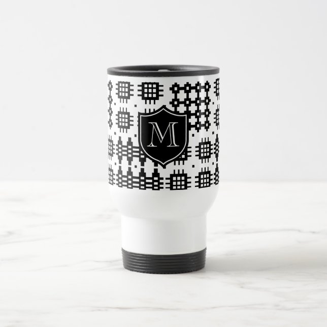 Faux Welsh Tapestry Pattern Monogram Black, White Travel Mug (Center)