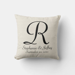 Faux White Burlap Monogram Names 16" Square  Cushion