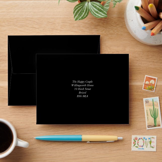 Faux White Ink Black Wedding RSVP Envelopes (Desk)