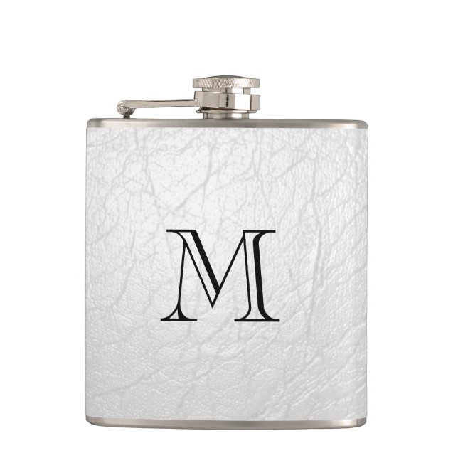 Faux White Leather Monogram Stainless Steel Flask (Front)