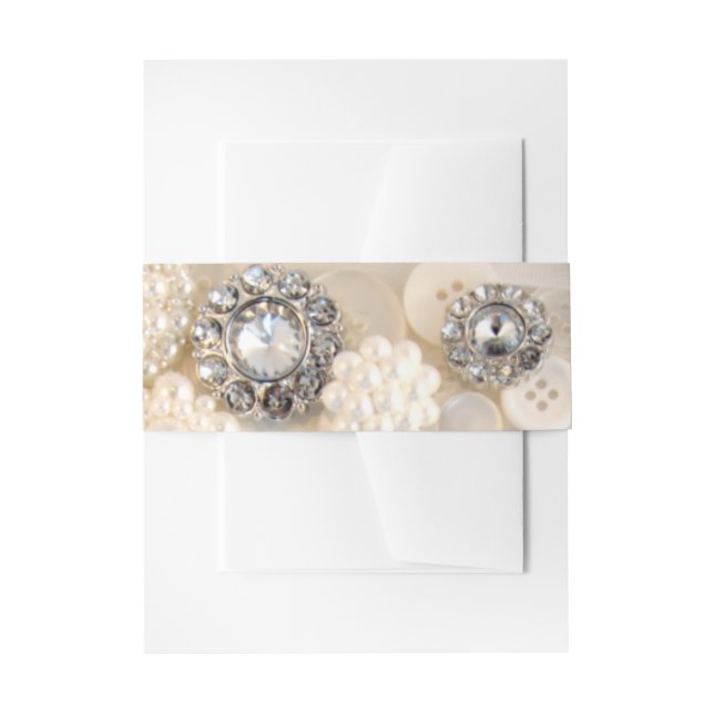 Faux White Pearl and Diamond Buttons Wedding Invitation Belly Band (Front Example)