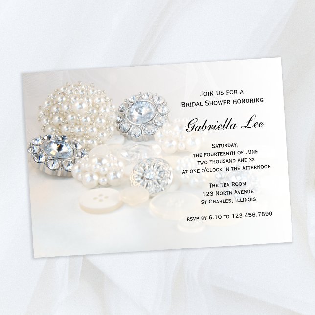 Faux White Pearl Diamond Buttons Bridal Shower Invitation (Creator Uploaded)