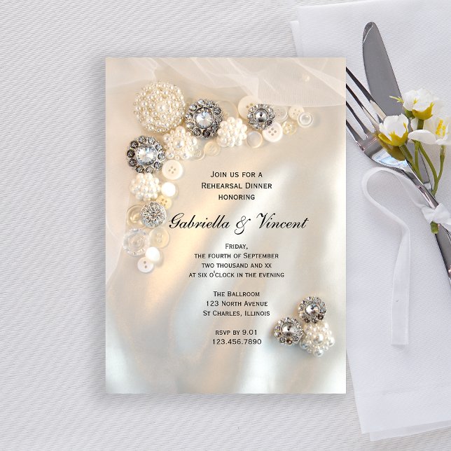 Faux White Pearl Diamond Buttons Rehearsal Dinner Invitation (Creator Uploaded)
