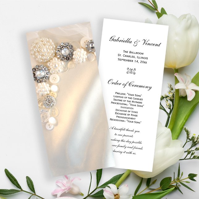 Faux White Pearl Diamond Buttons Wedding Program Programme (Creator Uploaded)