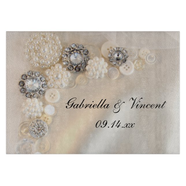 Faux White Pearls and Diamonds Button Wedding Cutting Board (Front)