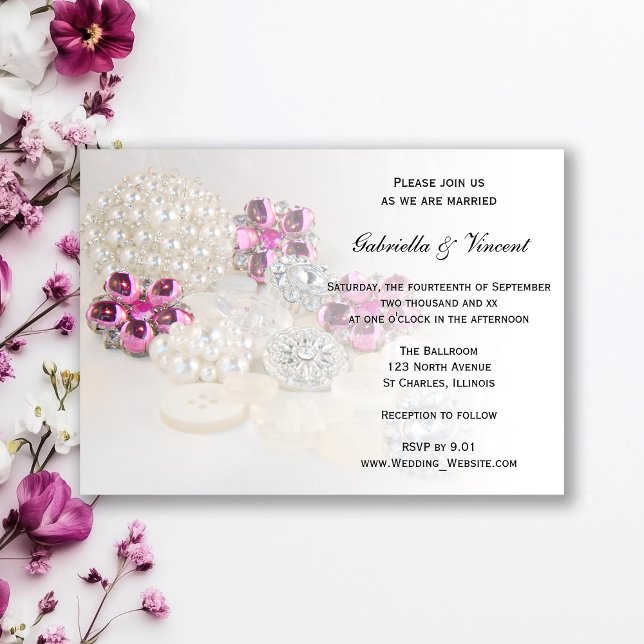 Faux White Pearls and Pink Diamond Buttons Wedding Invitation (Creator Uploaded)