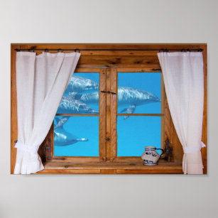 Faux Window View Underwater Dolphins Ocean Fun Poster