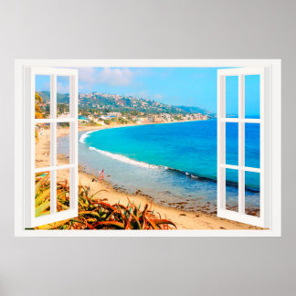 Faux Window with Beach Ocean Poster