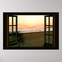 Faux Window with Beach Sunset Ocean