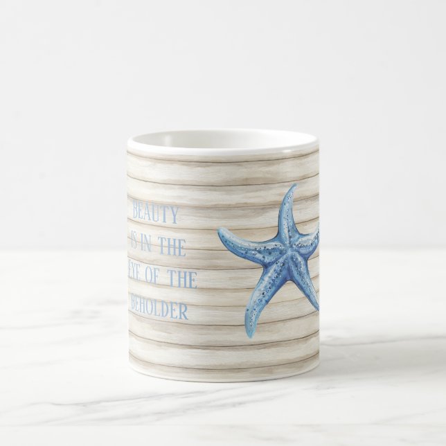 Faux Wood Blue Starfish Beach Coffee Mug (Center)