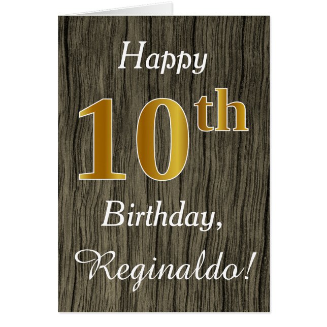 Faux Wood, Faux Gold 10th Birthday + Custom Name (Front)