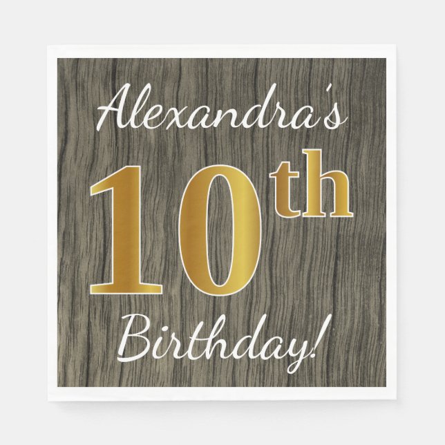 Faux Wood, Faux Gold 10th Birthday + Custom Name Napkin (Front)