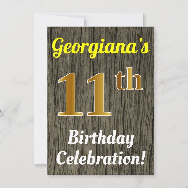 Faux Wood, Faux Gold 11th Birthday Celebration Invitation (Front)