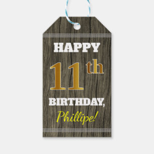 Faux Wood, Faux Gold 11th Birthday + Custom Name Gift Tags
