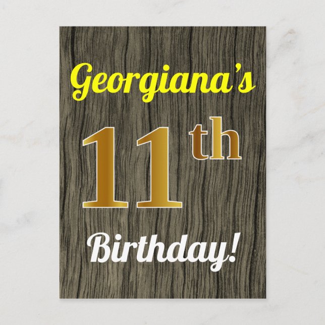 Faux Wood, Faux Gold 11th Birthday & Custom Name Postcard (Front)