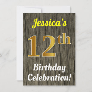 Faux Wood, Faux Gold 12th Birthday Celebration Invitation