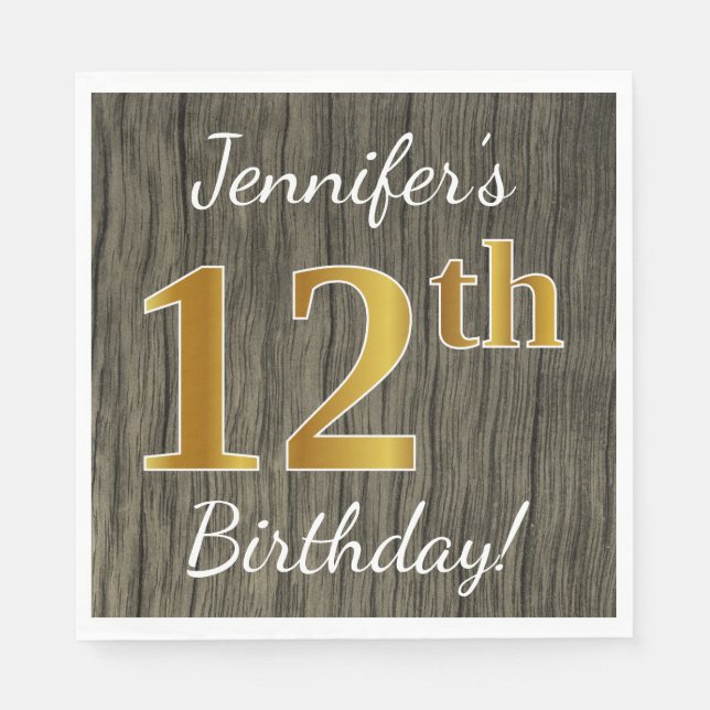 Faux Wood, Faux Gold 12th Birthday + Custom Name Napkin (Front)