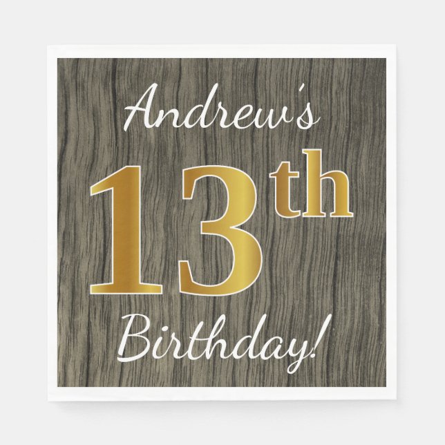 Faux Wood, Faux Gold 13th Birthday + Custom Name Napkin (Front)