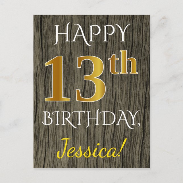 Faux Wood, Faux Gold 13th Birthday + Custom Name Postcard (Front)