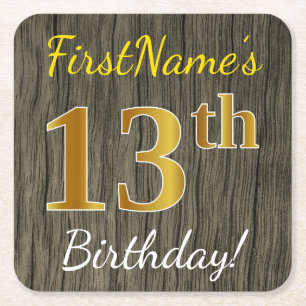 Faux Wood, Faux Gold 13th Birthday + Custom Name Square Paper Coaster