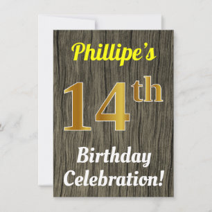 Faux Wood, Faux Gold 14th Birthday Celebration Invitation