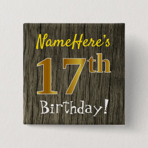 Faux Wood, Faux Gold 17th Birthday + Custom Name 15 Cm Square Badge