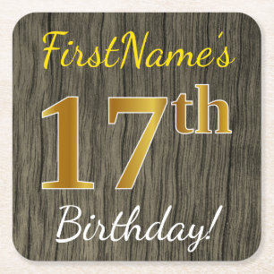 Faux Wood, Faux Gold 17th Birthday + Custom Name Square Paper Coaster