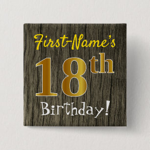 Faux Wood, Faux Gold 18th Birthday + Custom Name 15 Cm Square Badge