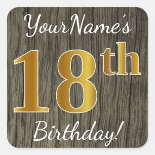 Faux Wood, Faux Gold 18th Birthday + Custom Name Square Sticker