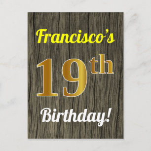 Faux Wood, Faux Gold 19th Birthday & Custom Name Postcard