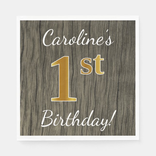 Faux Wood, Faux Gold 1st Birthday + Custom Name Napkin (Front)