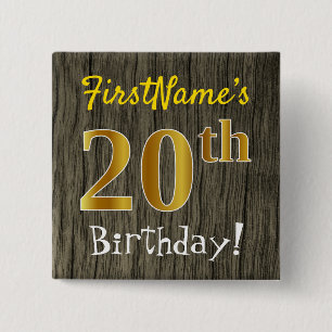 Faux Wood, Faux Gold 20th Birthday + Custom Name 15 Cm Square Badge