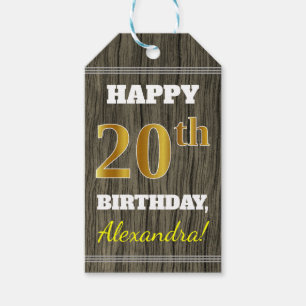 Faux Wood, Faux Gold 20th Birthday + Custom Name Gift Tags