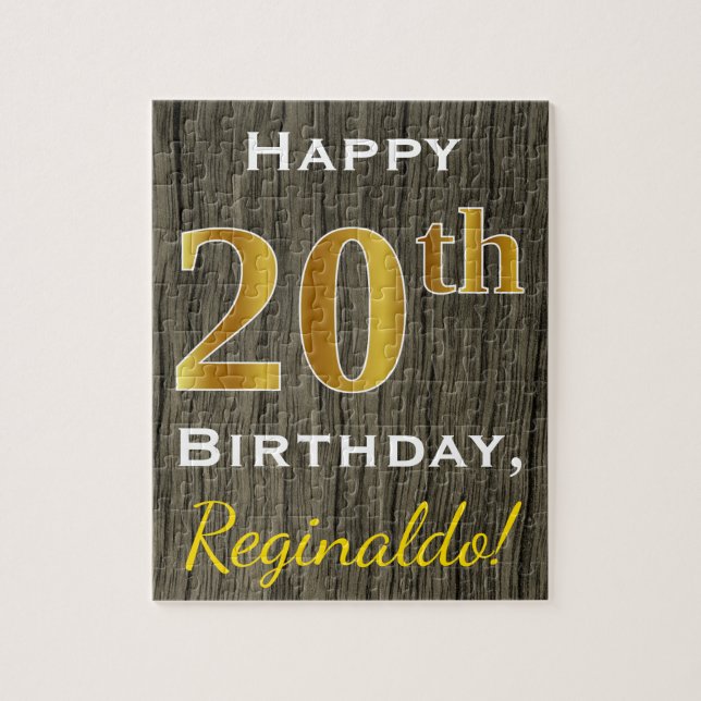 Faux Wood, Faux Gold 20th Birthday + Custom Name Jigsaw Puzzle (Vertical)