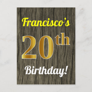 Faux Wood, Faux Gold 20th Birthday & Custom Name Postcard