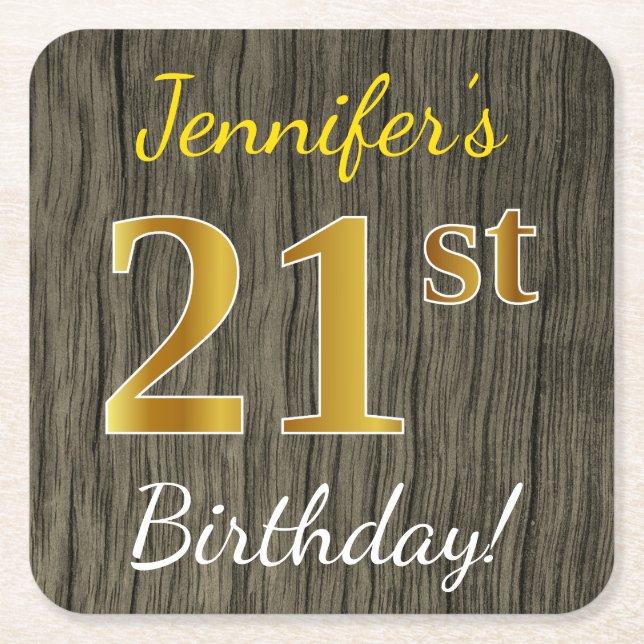 Faux Wood, Faux Gold 21st Birthday + Custom Name Square Paper Coaster (Front)