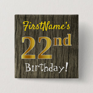 Faux Wood, Faux Gold 22nd Birthday + Custom Name 15 Cm Square Badge